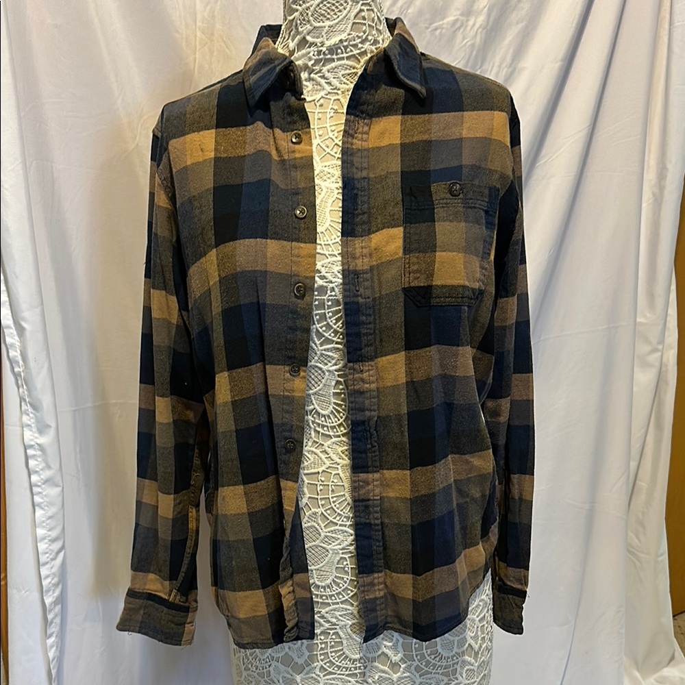 Ocean Current Navy and Tan Plaid Checkered Shirt